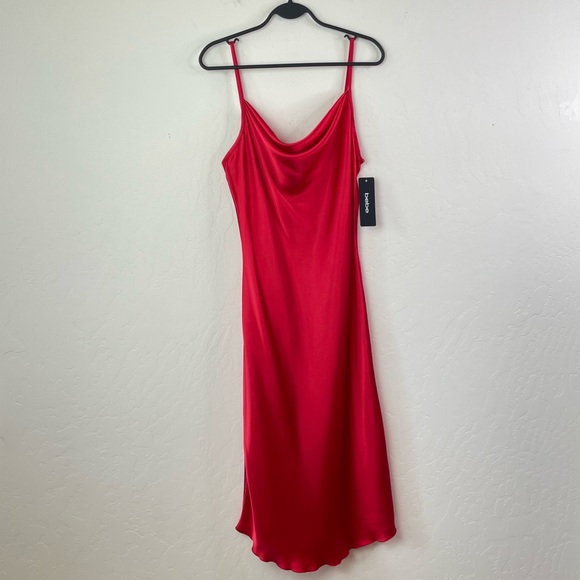 Bebe Y2K-Inspired Red Satin Cowl Neck Midi Slip Dress Size Medium NEW - Picture 2 of 15